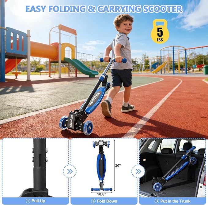 3 Wheel Scooters for Kids 2-5 5-7 Years, 4 Adjustable Heights Foldable Metal Toddler Scooter for Boys Girls Up to 120 lbs, Lean-to-Steer, Dual Rear Brake Widen Anti-Slip Deck