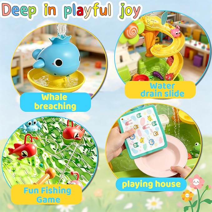Dergo Upgraded Water Table for Toddlers Toy Set, Kids Sensory Sand Table Play Sink Shower Sprinkler, Summer Birthday Gift STEM Fishing Playset for Boys Girls Ages 3 4 5 6 7
