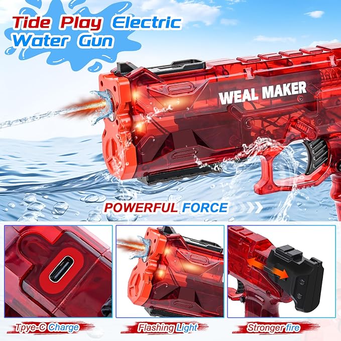 2Packs Electric Water Guns with LED Flash and USB-C Charging, Designed for Epic Aquatic Fun, Automatic Squirt Guns 25-30 FT Range, Outdoor Summer Toys for Backyard Water Theme Party Fun