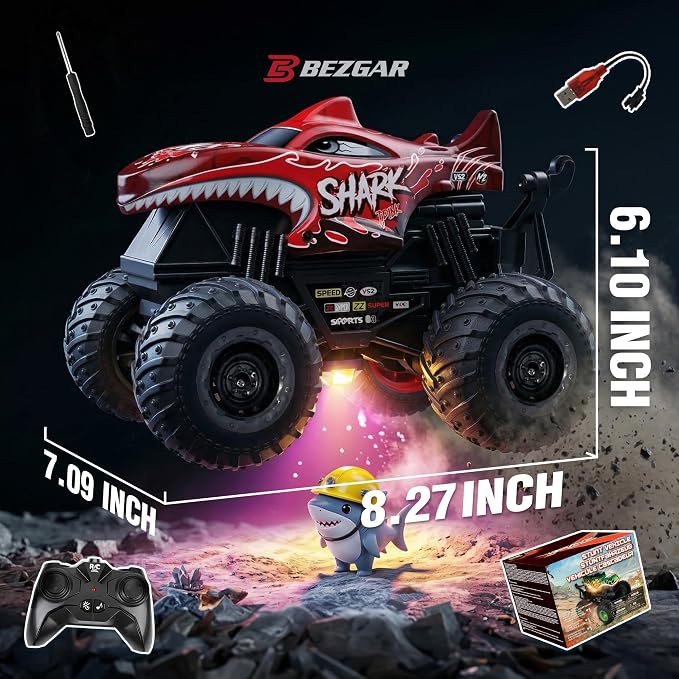 BEZGAR 1:20 Shark Monster Truck Toys, 360°Stunt RC Cars Rotation Monster Trucks with Music, 2 Batteries and Wireless LED Strobe Lights, Remote Control Car for Boys 4 5 6 7 8 9 Years Old(Red)