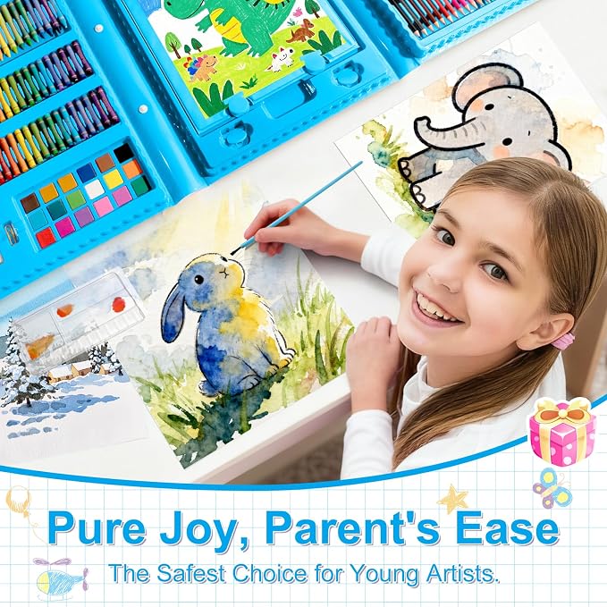 GOTIDEAL Kids Art Set,Art Supplies for Kids,210 PCS Art Kit with Double Sided Trifold Easel,Coloring Book, Crayons, Markers, Watercolor Pens, Arts & Crafts,Gift for 4-12 Year Old (Blue)