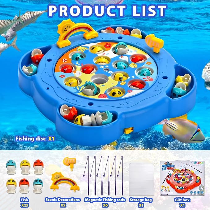 Magnetic Fishing Game Toy for Kids Ages 3-8 | Fun Kids Games with 25 Fish, 6 Poles & Rotating Board | Toddler STEM Toy, Montessori Toys with Music Switch | Birthday Gift for Boys and Girls