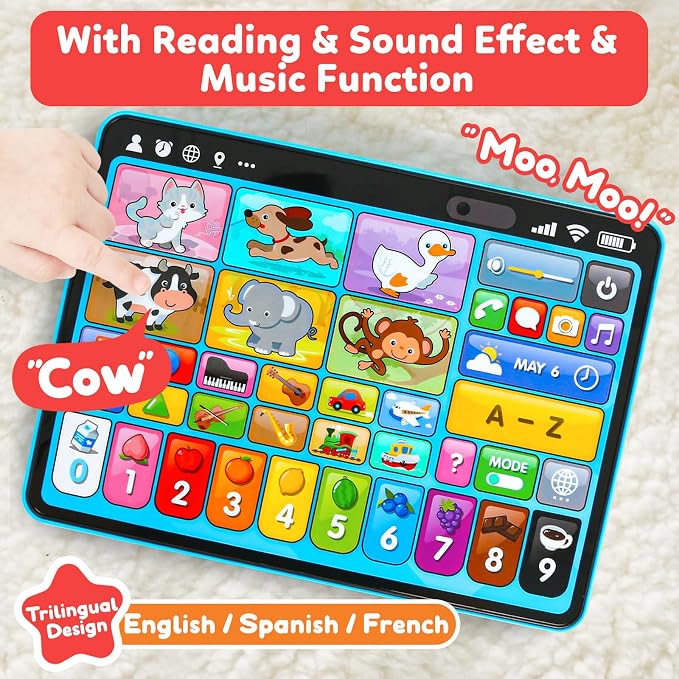 Peacurh Trilingual Learning Toy Tablet with Music & Sound, Montessori Speech Musical Therapy Toys, Gifts for Boy, Girl, Baby, Toddler, for Age 1, 2, 3 Year Old (12-18 Months)