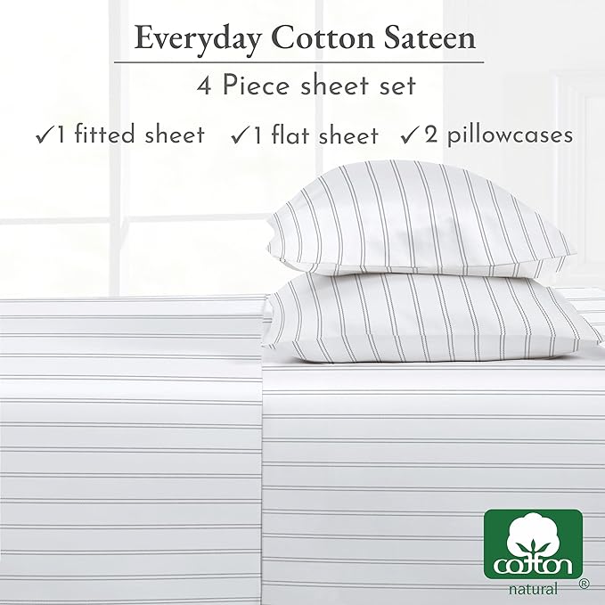 California Design Den Full Sheet Set Stripe, 100% Cotton, Deep Pocket Full Sheets & Pillowcase Set, Soft Sateen Weave - Classic Stripe