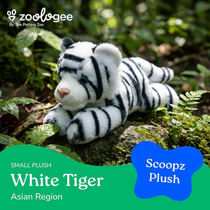 The Petting Zoo White Tiger Stuffed Animal Plushie, Gifts for Kids, Scoopz Wildlife Animals, Tiger Plush Toy, 8 inches