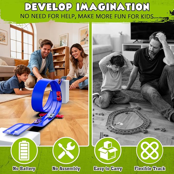 Wupuaait Flexible Race Car Track for Kids, 15Ft Race Track Toy with 4 Cars and Suction Cups, Rolls Up Portable Racetrack Compatible with All 1:64 Cars Toys, Birthday Gifts Toys for Boys Girls
