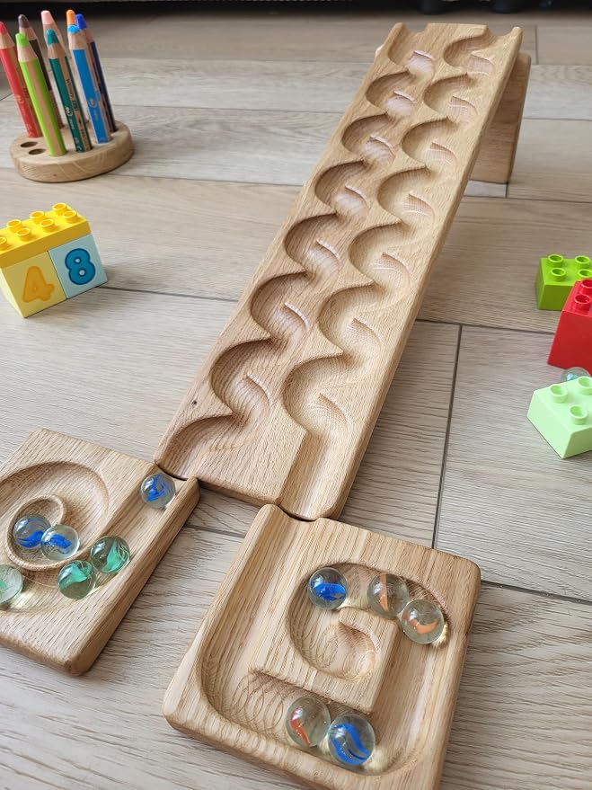 Wooden Marble Run Track Set of 2 – Montessori STEM Toy for Kids – Race Machine & Maze Board – Educational Wooden Roller Track Game – Wind & Rocks Run Gift for Children
