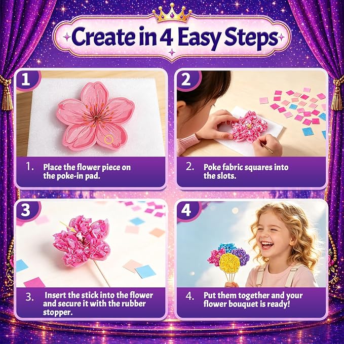 RGIMRTO Poke Art Craft Kit for Kids, 2-in-1 7 Princess +10 Flowers Craft Set with Display Board, Mess Free Craft Activity Birthday Gift for Girls Ages 4, 5, 6, 7, 8, 9,
