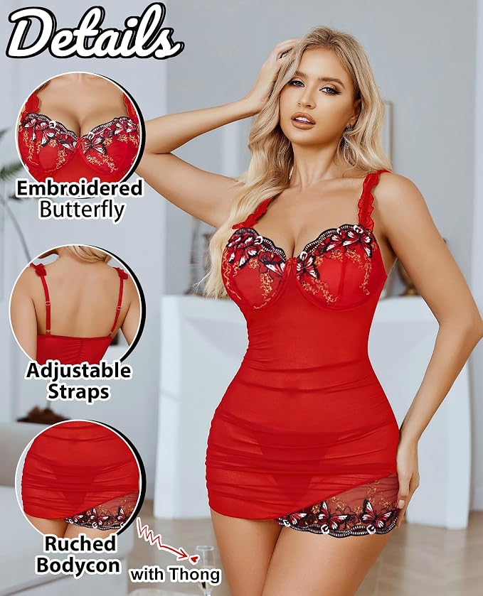 Avidlove Lingerie for Women Mesh Babydoll Lingeries Lace Chemise Floral Sleepwear Dress Sheer Exotic Boudoir Outfit S-XXL