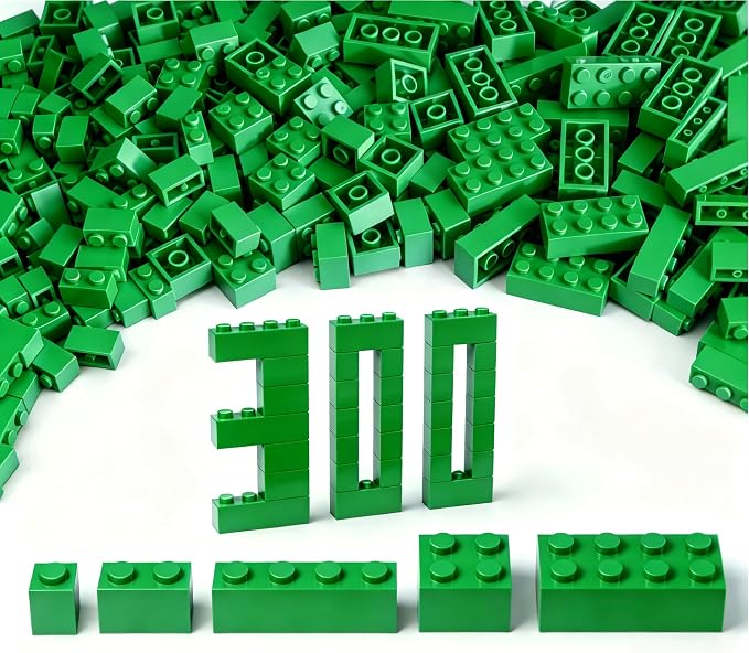 300Pcs Building Brick Bulk, Green Bulk Bricks with 5 Sizes, Compatible with Lego and Parts and Pieces, Creative Building Block Toys for Boys Girls Ages 6 7 8 9 10 Years Old