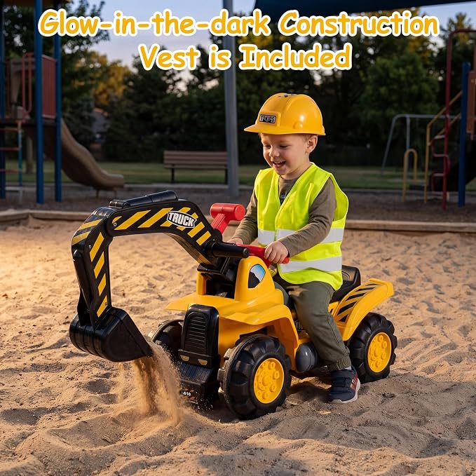 Costzon 3-in-1 Ride on Excavator Bulldozer, Kids Foot-to-Floor Push Car with Engine Sound & Under Seat Storage, Sit & Scoot Sliding Toy Construction Vehicle with Helmet & Vest for Aged 2+