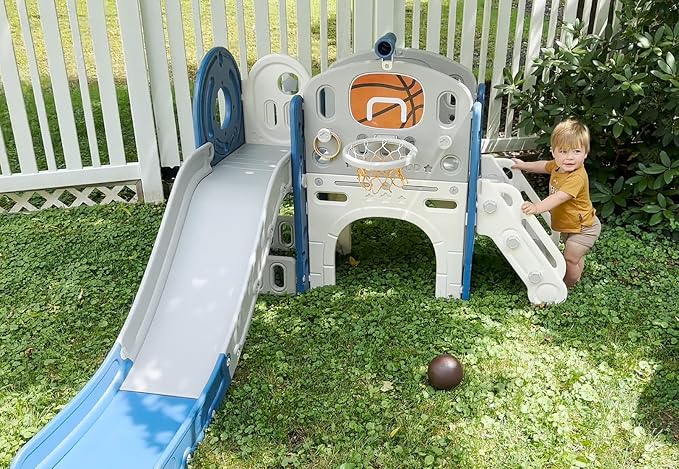 XJD 8 in 1 Toddler Slide Set, Kids Slide for Toddlers Age 1+, Climber Slide PlaySet with Basketball Hoop and Ball,Outdoor Indoor Playground for Toddlers 1-3 (Blue Gley, 8 in 1)