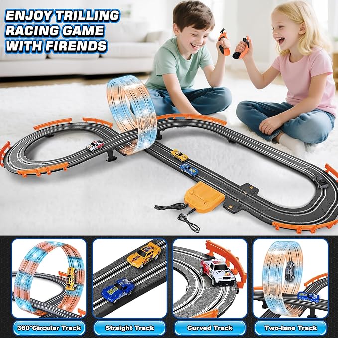 Slot Car Race Track Sets with 4 Slot Cars, Ideal Birthday Xmas Gifts Toys for Kids Boys Ages 6 7 8-12, Battery or Electric Race Car Track Set with Dual Racing Game, Flash Circular Track, Lap Counter