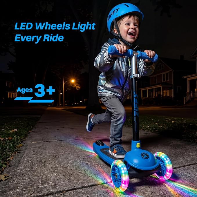 JOVA ZIFFY Multicolor 3 Wheel Scooter for Kids 3-5, Toddler Kick Scooters with LED Light-Up Wheels for Boys and Girls, 5 Adjustable Height and Lean-to-Steer Design, Support up to 110 lbs