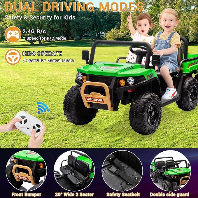 Hetoy 2 Seater Ride on Dump Truck, 24V Electric Vehicle Toys for Kids with Remote Control, Ride on Car with Electric Dump Bed, Toy Shovel, Music, LED Headlights & Spring Suspension- Ages 3+ (Green)