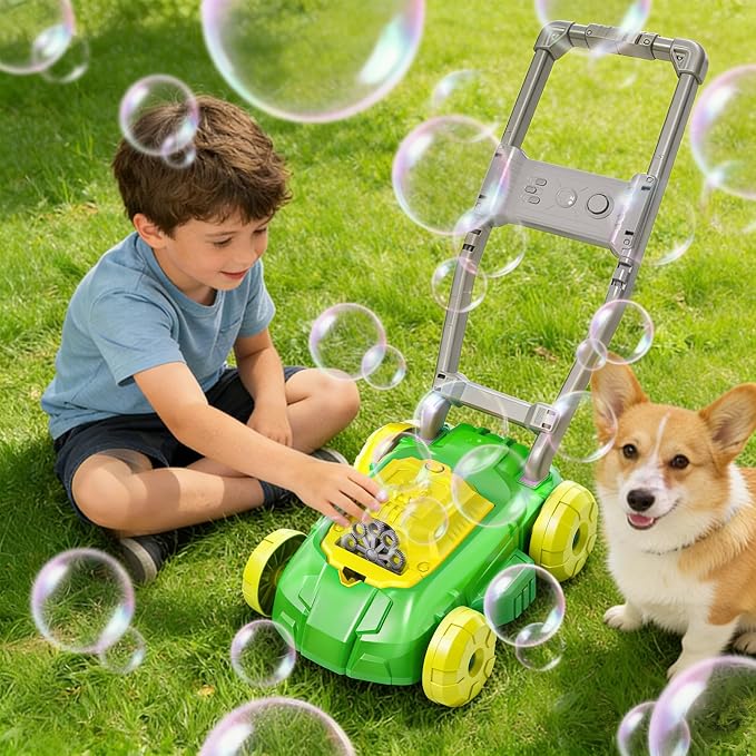 Bubble Lawn Mower Maker Machine with Music, Spill-Proof Design for Kids, 5000+ Colorful Bubbles Per Minute for Indoor Outdoor Play, Perfect Gardening Toy Gift for Kids Ages 3-6,Yellow Green