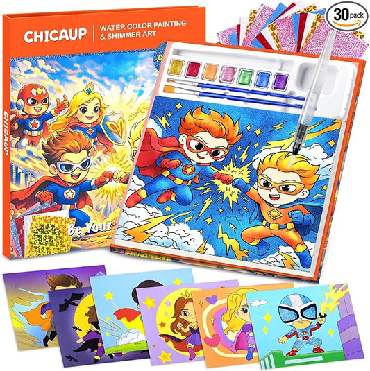 CHICAUP Paint with Water Coloring Books Shimmer Art Kit for Kids, Superhero Themed Arts and Crafts Set with Watercolor Painting Kit, Travel Art Supplies for Boys Girls Ages 4-8 Birthday Christmas