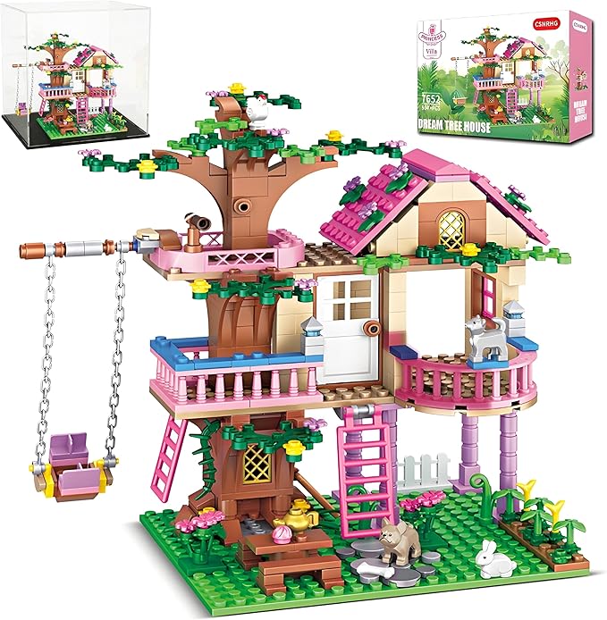 CSNRHG Dream Tree House Friends Building Set, Tree House Building Set Acrylic Protective Cover, Friendship Tree House with Swing Animals Flowers, 504 Pieces
