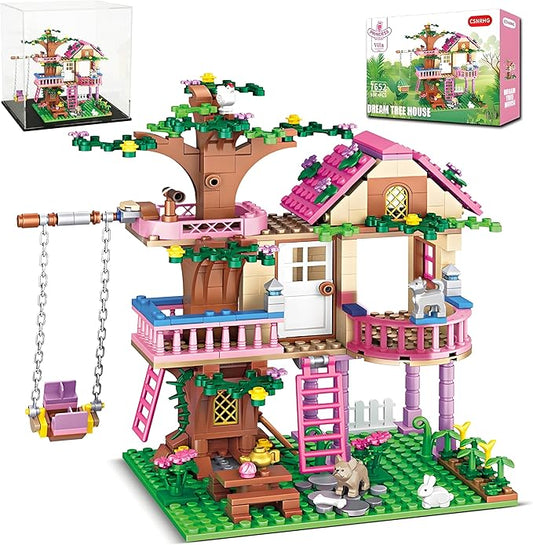 CSNRHG Dream Tree House Friends Building Set, Tree House Building Set Acrylic Protective Cover, Friendship Tree House with Swing Animals Flowers, 504 Pieces