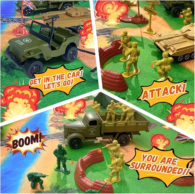 TALGIC Army Men Toys Large Battle Playset-Set Includes Army Men Action Figures, Military Battle Mat, Tanks, Helicopters, Jeep, Ambulance, Trucks, Cannon, Tents (120 PCS)