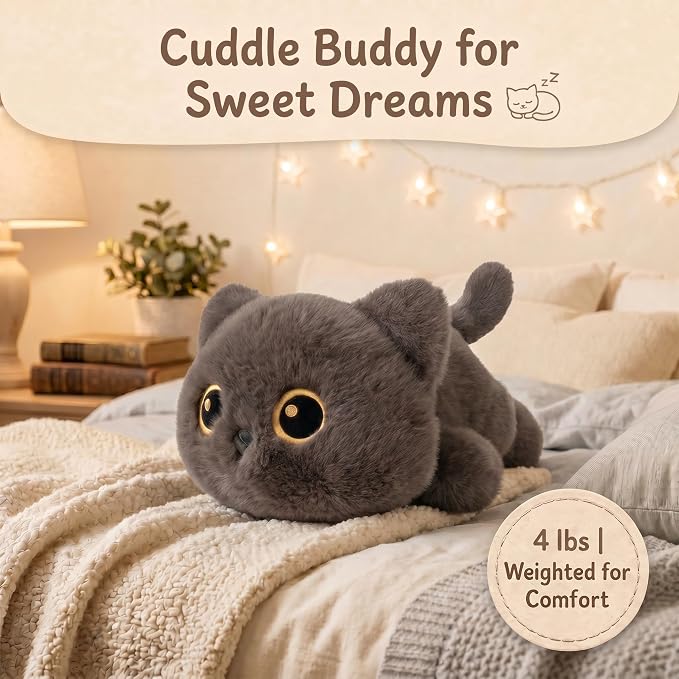 Weighted Cat Stuffed Animal, 20-Inch, 4 lbs Grey Cat Plush, Cuddly Soft Plushie Pillow Gift for Kids & Adults