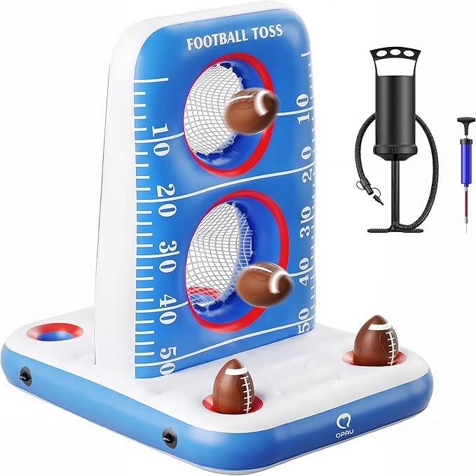 QPAU Inflatable Football Toss Game for Pool – Water Football Target with 4 Balls & 2 Pumps, Dual Net Design, Stable Base, Summer Pool Game for Kids & Adults (Blue+White)