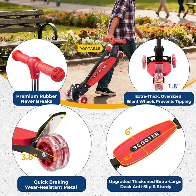 3 Wheel Scooter for Kids Ages 3-12, LED Light-Up Kids Kick Scooter–Portable Foldable, Adjustable Height, Durable Metal Construction, 6" Extra Wide Deck for Outdoor Activities,Child Safety Certified