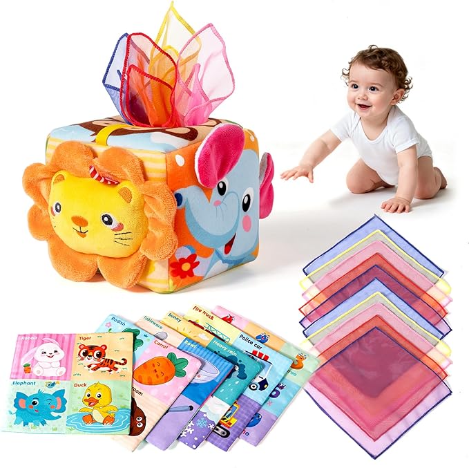 Baby Tissue Box Toy - Montessori Sensory Toys for 6-12 Months Infant, Baby Toys 6 7 8 9 Month - 1 Year Old with 6 Crinkle Tissues & 10 Scarves, Developmental Tissue Pulling Toy Boy Girl Birthday Gift