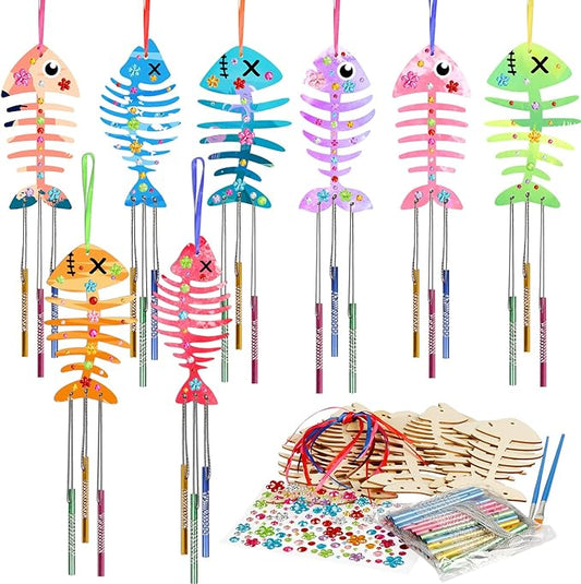 Fennoral 12 Pack Wind Chime Kit Spring Craft for Kids Wooden Arts and Crafts for Girls Boys Make Your Own Fish Craft Ornaments DIY Coloring for Summer Classroom Art Activities Birthday Party Gifts