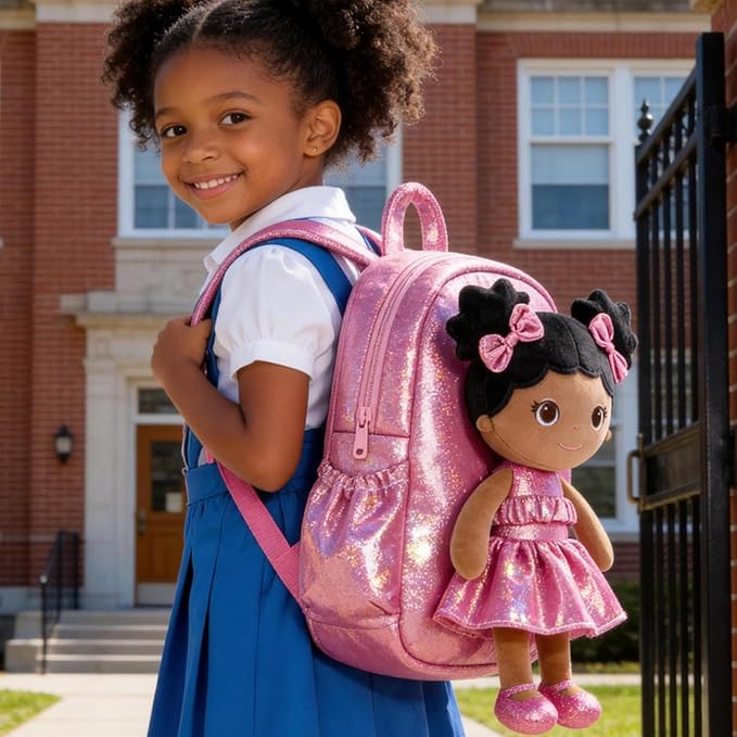Lazada Toddler Backpack - Baby Girl Gifts Curly Fingerprints Plush Doll Dress Backpack - Fashion Girls Curly Rolled Fingerprints Series - Rose Red 11 Inches
