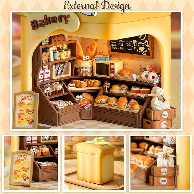 TuKIIE DIY Miniature House Kit with Furniture, 1:100 Scale Creative Room Mini Wooden Dollhouse Book Nook Plus Music Movement for Kids Teens Adults(Bakery Shop)