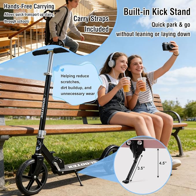 Scooter for Age 6+, Folding Kick Scooters for Kids 8-12,Teens, Adults up to 250Lbs,3 Adjustable Heights, Rear Brake, Wide Antislip Deck, Lightweight Scooter for Boys Girls