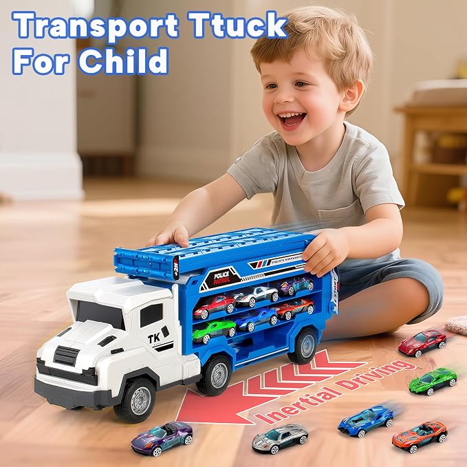 Kids Toys for 3 4 5 6 7 8 Years Old Boys, Carrier Truck Transport Car Toys, Foldable 2 Layer Car Race Track Playset with 25-in Race Track, 6 Metal Toy Cars, Birthday Toy Gift for Toddler-Blue
