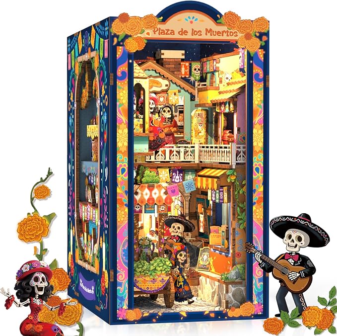CUTEBEE Book Nook Kit - DIY Miniature House Kit for Adults, 3D Wooden Puzzle Bookshelf Insert Decor, Day of the Dead Booknook, Mexican Folklore LED Miniature Kit, Unique Gifts (Plaza de Los Muertos)