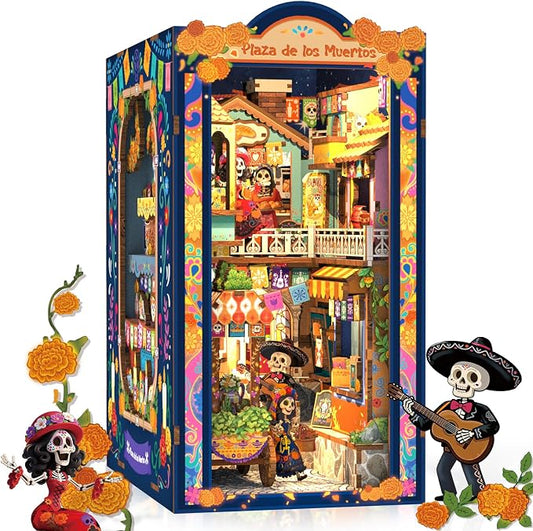 CUTEBEE Book Nook Kit - DIY Miniature House Kit for Adults, 3D Wooden Puzzle Bookshelf Insert Decor, Day of the Dead Booknook, Mexican Folklore LED Miniature Kit, Unique Gifts (Plaza de Los Muertos)