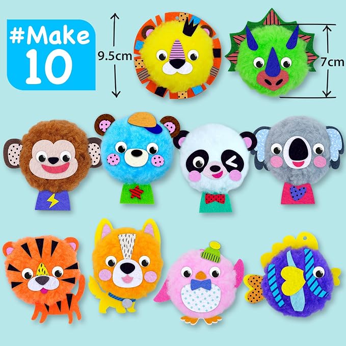 EZCRA Big Pom Pom Animal Craft Kit for Kids Ages 4-8 - DIY Pom Pom Crafts for Girls Boys Toddlers - Make 10 Plush Animals - Mess Free Arts and Crafts Kit