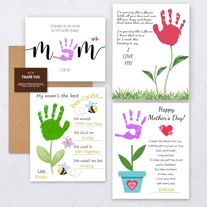 Mothers Day DIY Handprint Kit Gifts from Kids, Pack 4 Flower Handprint Craft Keepsake for Mom or Grandma, Toddler & Preschool Art Activity, Cute Handmade Memory Gifts for Mother’s Day
