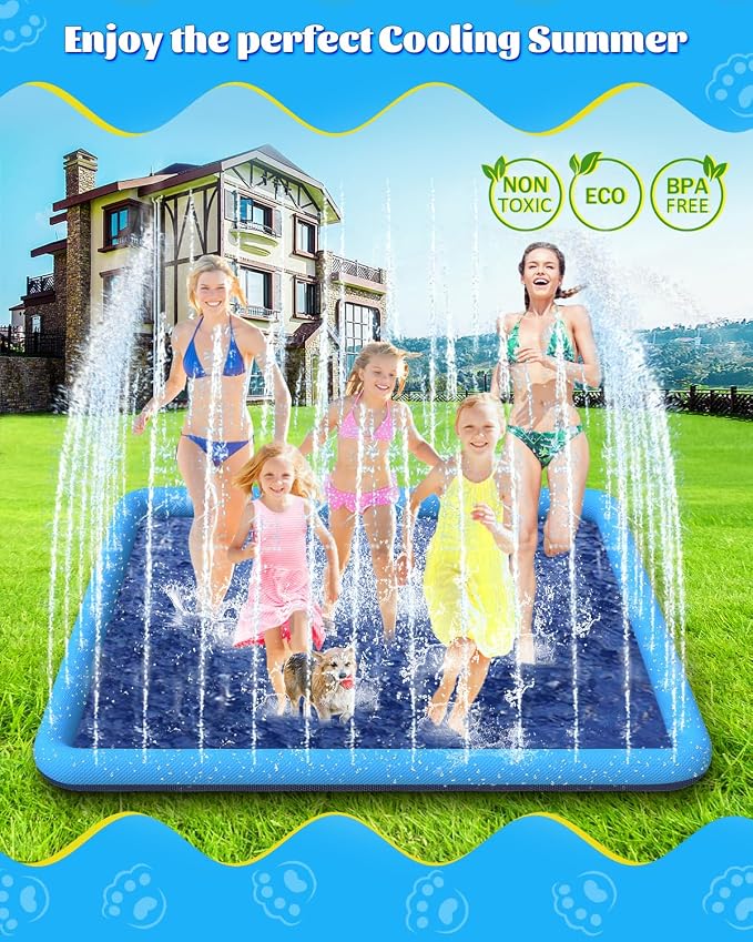 Raxurt Splash Pad, 130"- 98" Non-Slip Splash Pad for Kids and Dogs, Thickened Durable Square Dog Pool with Sprinkler Summer Outdoor Water Toys for Toddler Girls Boys Children Pet (Blue)