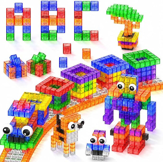 Goody King Magnetic Blocks with Toy Eyes, Transparent Magnetic Cubes,Montessori Sensory STEM Magnetic Cubes for Kids, 1''Travel Magnetic Blocks for Toddlers 3+ Year Old Boys Birthday Girls(56PCS)