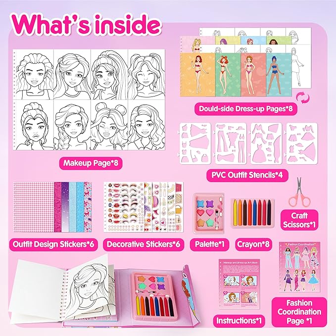 Mocoosy Makeup Art Craft for kids Ages 4-8, Pretend Play Makeup Coloring Activity Book with Stickers, Fashion Design Sketchbook, Travel Game Airplane Car Road Trip Toy Birthday Gift for Girl 5 6 7 8 9