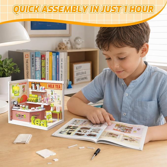 MINDNOOK DIY Miniature House Kit, LED Light-Up Dollhouse, Mini Dollhouse Building Set with Furniture, Craft Hobby Gift for Adults, Teens & Kids Ages 6+ (Milk Tea)