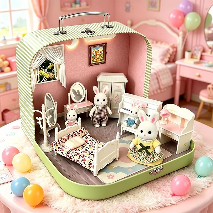 Dollhouse Bedroom Furniture Accessories Suitcase Set for Kids, Miniature Bed Wardrobe Dressing Mirror Piano Chair Table & 4 Flexible Dolls, Pretend Play Toy for Girls Ages 3+ (Girls' Bedroom)