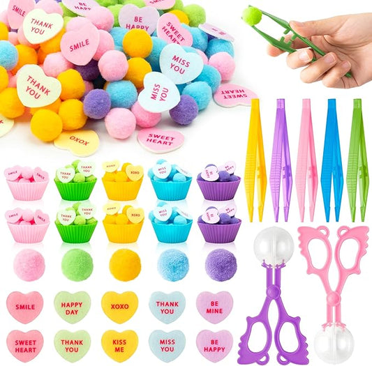 EZdhuawuse Summer Sensory Bin Fillers - 268P Fine Motor Toy Counting Sorting Set for Kid Birthday Easter Gift, Felt Phrases Heart Colorful Pom Poms Cup Clip for Preschool Education Activities