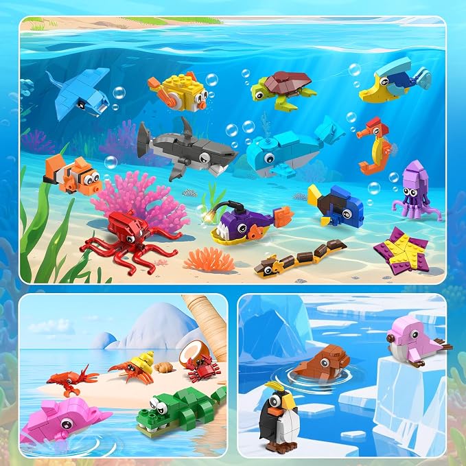 30 Pack Animals Party Favors For Kids, 824PCS Marine Animal Building Block Toy Sets for Goodie Bags Fillers Stocking Stuffer Classroom Prizes Stocking Stuffers Birthday Return Gifts for Boys Girls 6 +