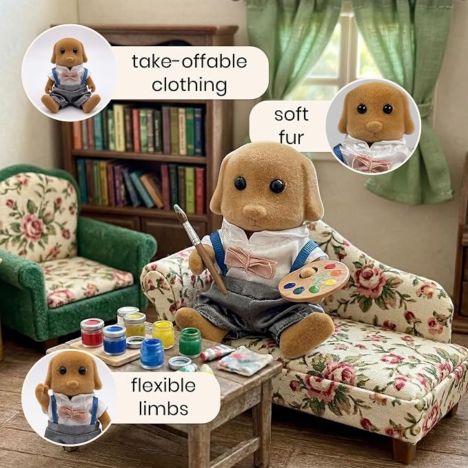 Family Brown Dog Figures — Set of 3 Collectible Flocked Mini Dolls with Removable Clothes, Dollhouse Pretend Play Set for Kids Ages 3+