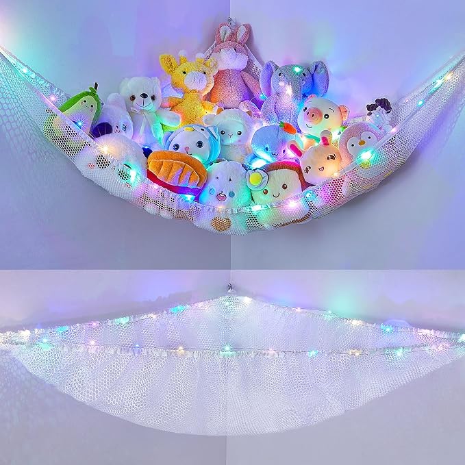 Unicorn Castle Stuffed Animals Net or Hammock Kids Toy Storage Organizer with LED Light Hanging Corner Stuffed Animals Holder Kids Girls Room Decor,White,Large (Pack of 1)