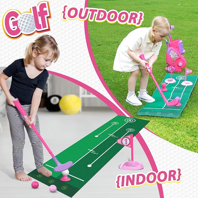 Liberry Toddler Golf Set for 2 3 4 Years Old Girls Boys, Upgraded Kids Golf Cart with Golf Cornhole Board & Putting Mat, Indoor and Outdoor Golf Toys Birthday Gift, Pink