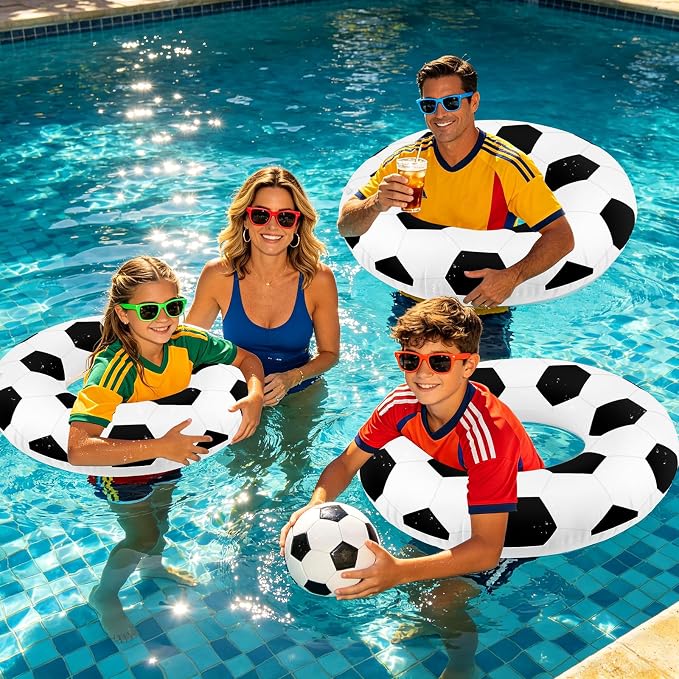 4 Pcs Soccer Ball Pattern Pool Floats - 28 Inch Sports-Themed Kids Swim Rings (Ages 10-15), Inflatable Pool Toys for Hawaiian, Beach, Water Park