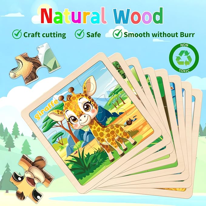 Wooden Animals Puzzles for Toddlers, 8 Pack 9 PCS Jigsaw Puzzles for Kids, Wooden Puzzles for Toddlers 3-5, Animal Puzzles for Kids 3-5, Preschool Puzzles Learning Educational Sets Toys