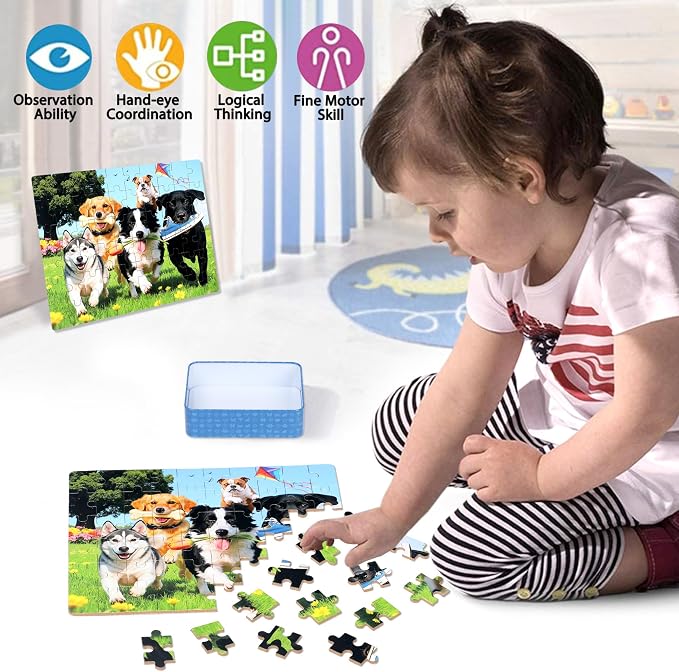 LELEMON Puzzles for Kids Ages 4-6,Dogs on the Grass 60 Piece Puzzles for Kids Ages 4-8 in a Metal Box,Children Jigsaw Puzzles Kids Puzzles,Educational Learning Puzzle Toys for Girls and Boys